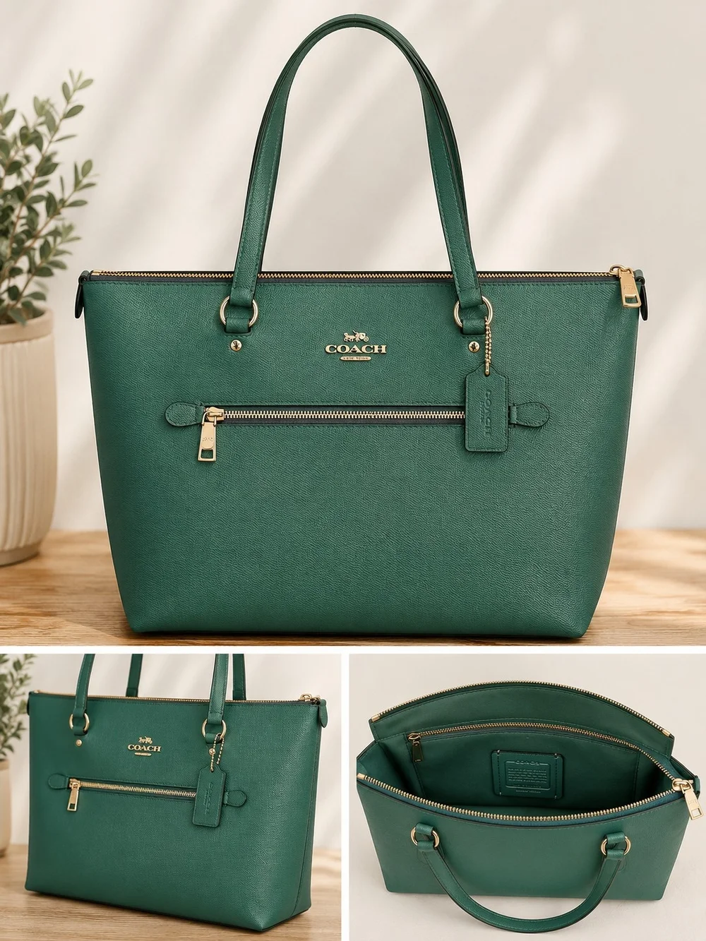 COACH Green Leather Tote Bag with Zip Pocket